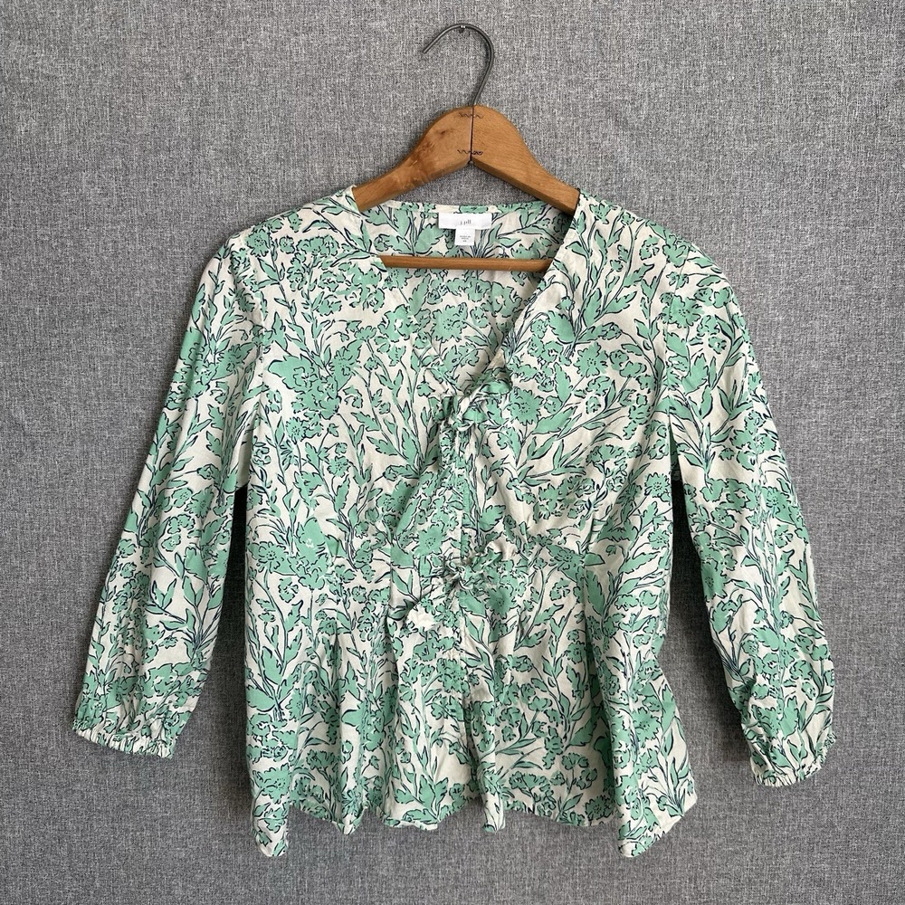 Pleated Tie Front Top JJill Women's XS Leaf Pattern Mint Green